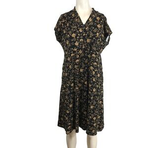 J Jill  Floral Midi Dress Black Tan Short Sleeve V Neck Women's Medium